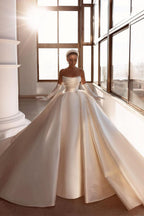 BMbride Glamorous White A-line Beading Satin Wedding Dress With Train BMbride