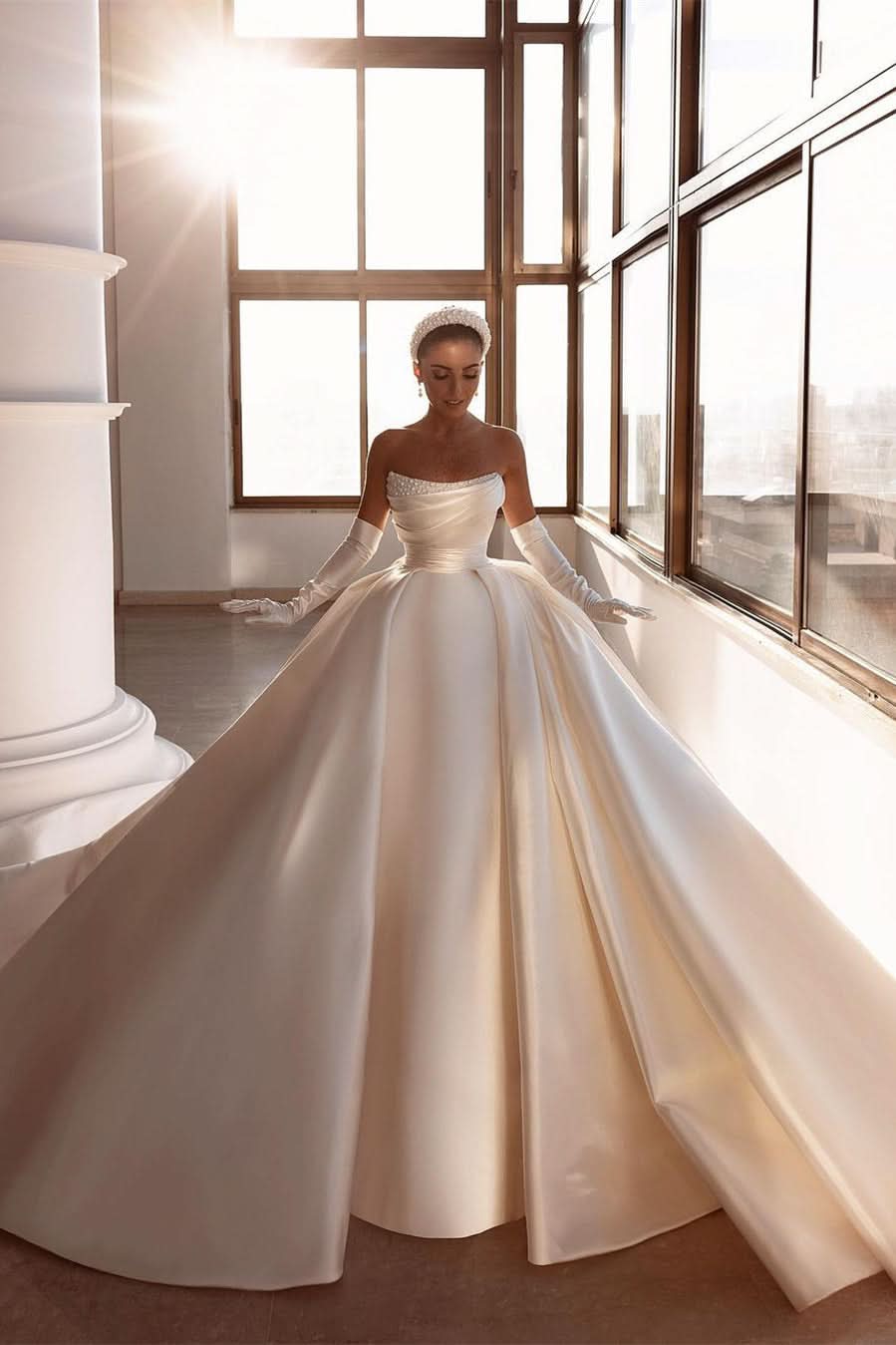 BMbride Glamorous White A-line Beading Satin Wedding Dress With Train BMbride