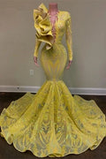 Glamorous Yellow V-neck Long Sleeve Floor-length Mermaid Prom Dresses for a Stunning Appearance BM bride