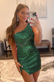 Dazzling Dark Green One-Shoulder Beaded Tight Homecoming Dress BM bride