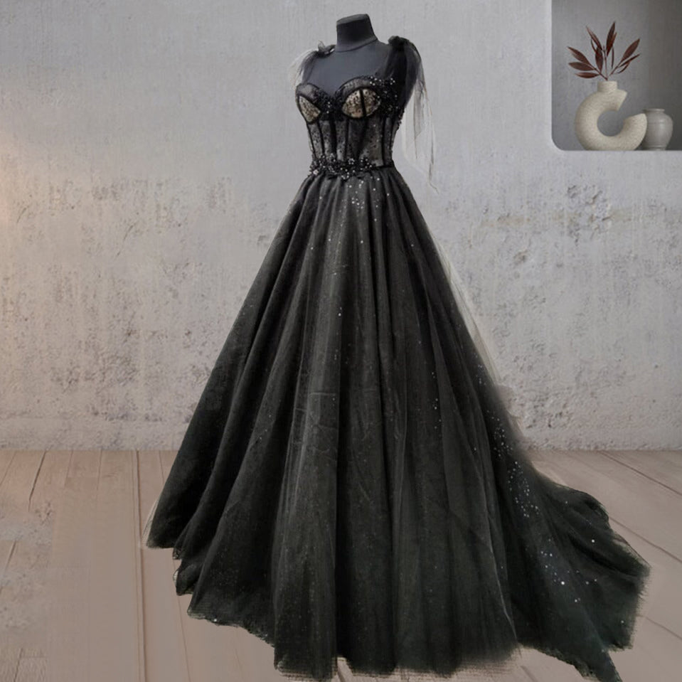 Exquisite Glitter Lace Tulle Sweetheart Corset Court Black Wedding Dress BM bride