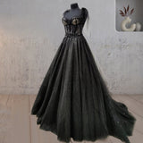 Exquisite Glitter Lace Tulle Sweetheart Corset Court Black Wedding Dress BM bride