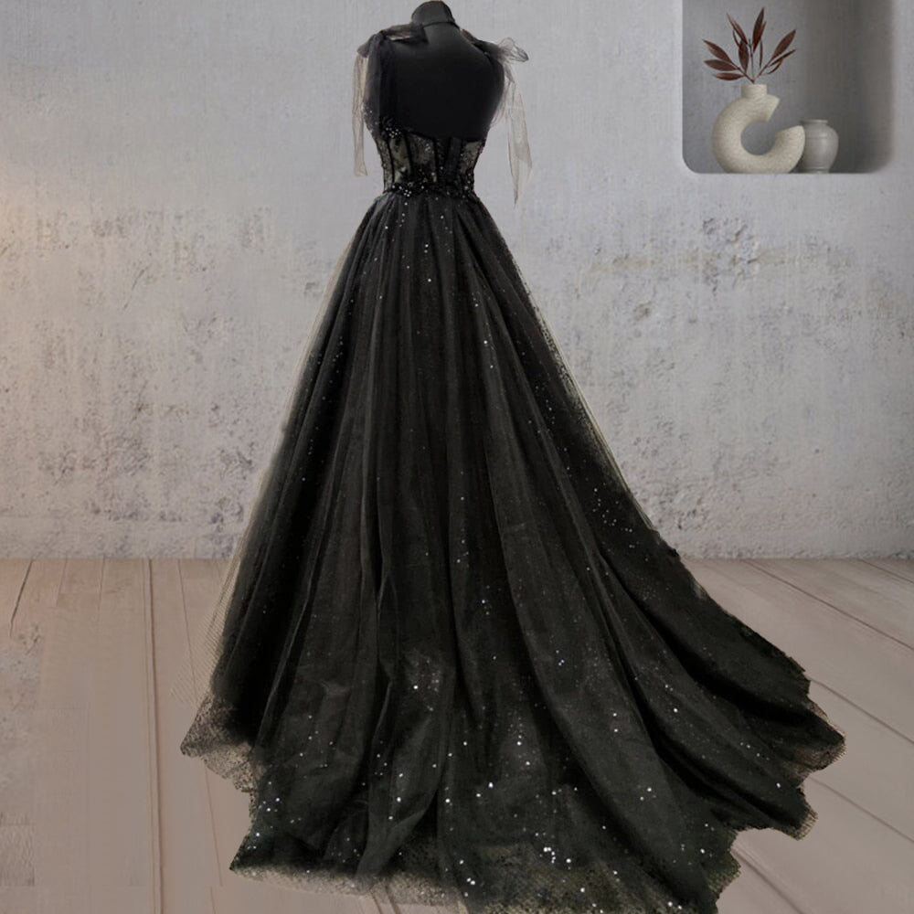 Exquisite Glitter Lace Tulle Sweetheart Corset Court Black Wedding Dress BM bride