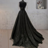 Exquisite Glitter Lace Tulle Sweetheart Corset Court Black Wedding Dress BM bride