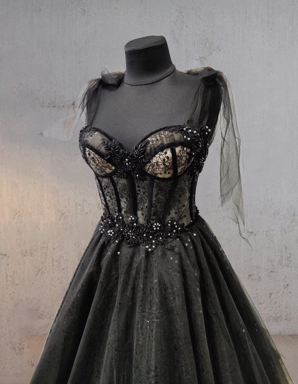 Exquisite Glitter Lace Tulle Sweetheart Corset Court Black Wedding Dress BM bride