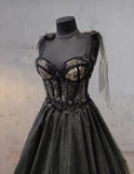 Exquisite Glitter Lace Tulle Sweetheart Corset Court Black Wedding Dress BM bride