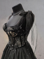 Exquisite Glitter Lace Tulle Sweetheart Corset Court Black Wedding Dress BM bride