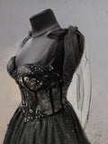 Exquisite Glitter Lace Tulle Sweetheart Corset Court Black Wedding Dress BM bride
