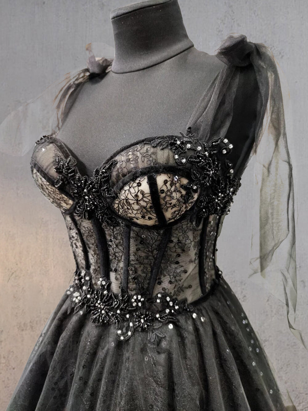 Exquisite Glitter Lace Tulle Sweetheart Corset Court Black Wedding Dress BM bride