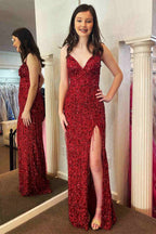 Chic Glitter Red V-Neck Long Prom Dress with Tassel BM bride