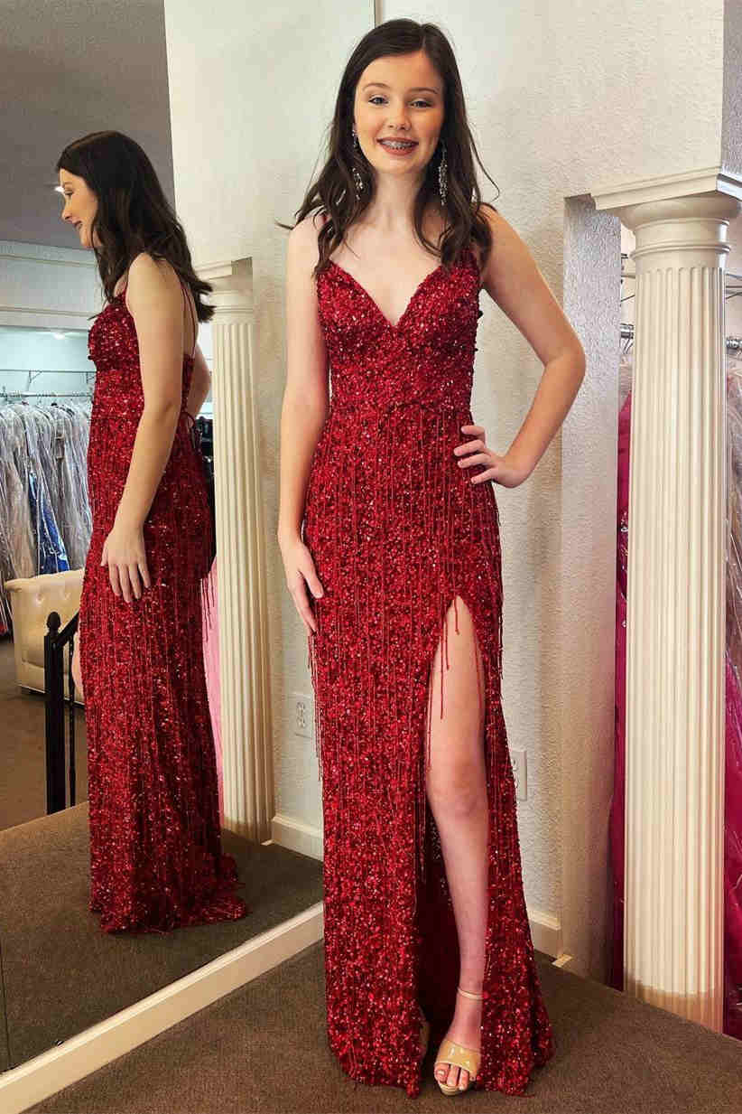 Chic Glitter Red V-Neck Long Prom Dress with Tassel BM bride