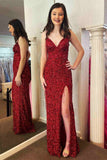 Chic Glitter Red V-Neck Long Prom Dress with Tassel BM bride