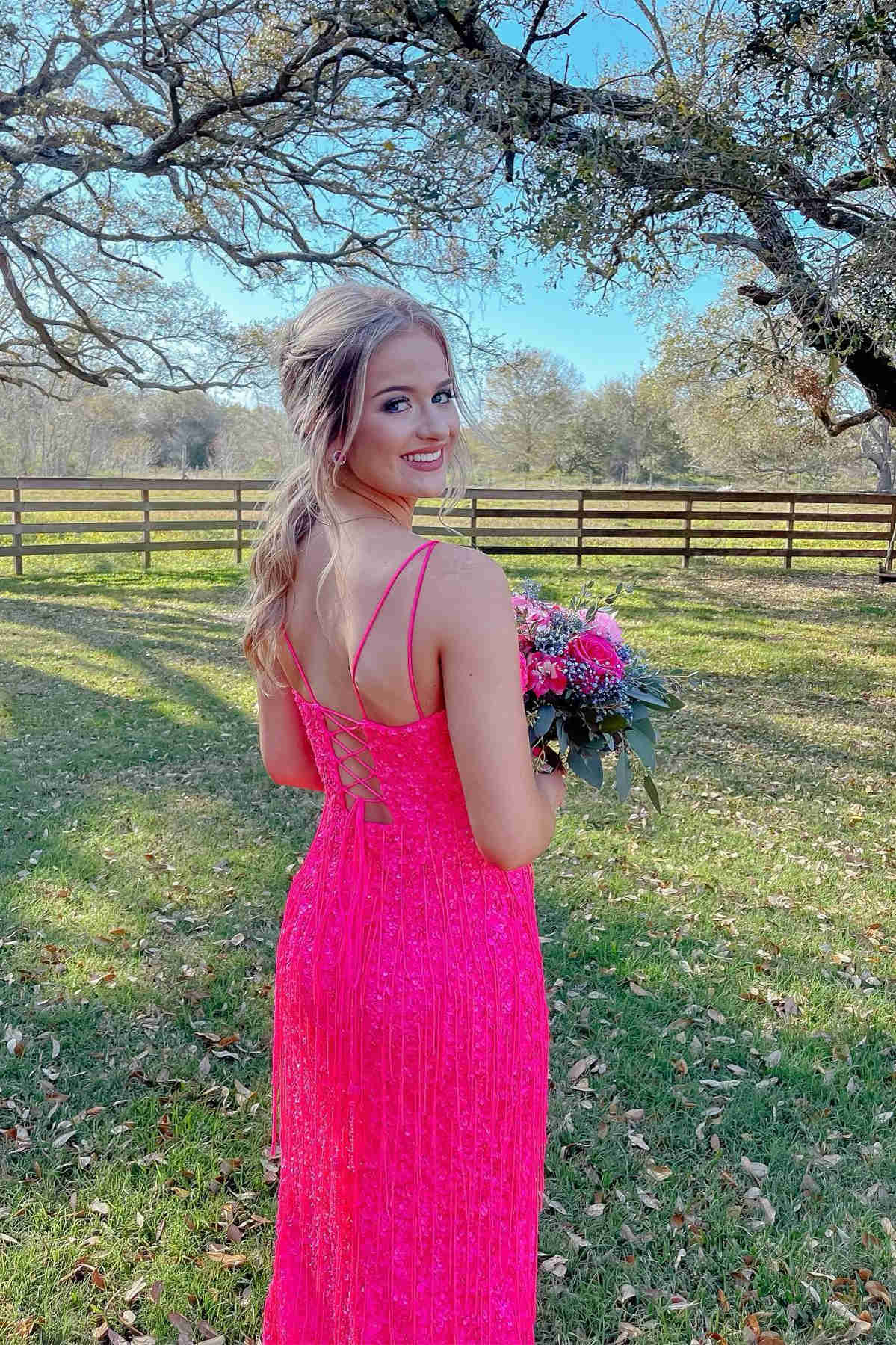 Chic Glitter Red V-Neck Long Prom Dress with Tassel BM bride