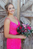 Chic Glitter Red V-Neck Long Prom Dress with Tassel BM bride