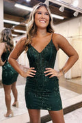 Glitter Sparkly Bodycon Zipper Back Spaghetti Straps Short Homecoming Dress BM bride