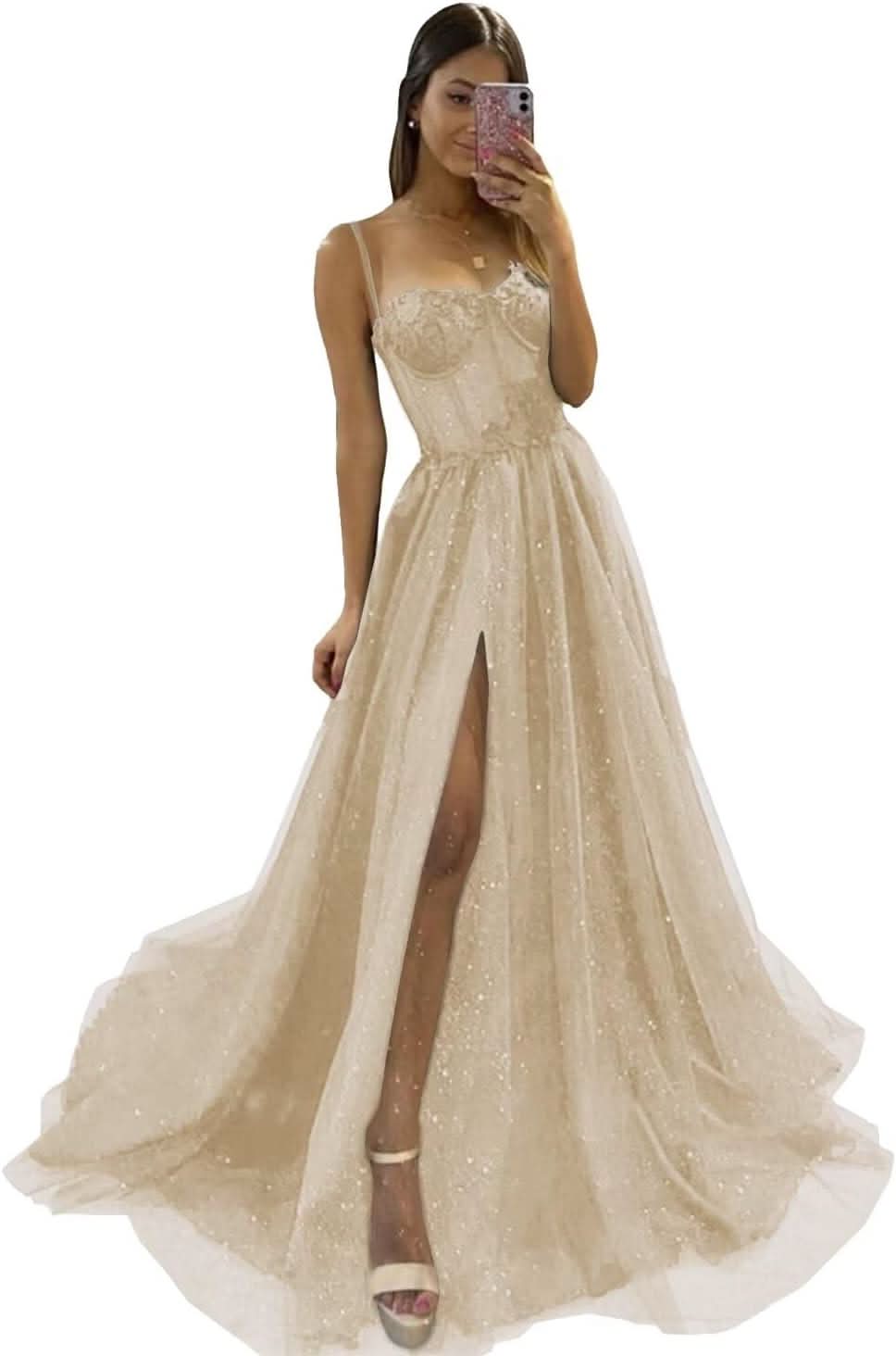 Glitter Tulle Prom Dresses Long 2025 Spaghetti Straps Sweetheart 3D Flowers Evening Party Gowns with Slit - Bmbride