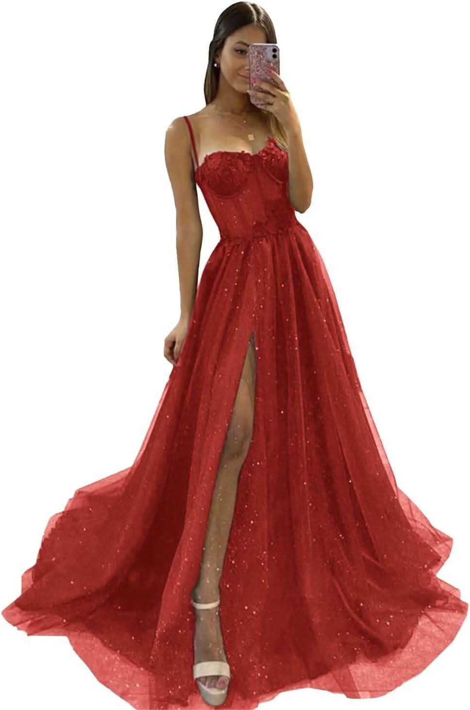 Glitter Tulle Prom Dresses Long 2025 Spaghetti Straps Sweetheart 3D Flowers Evening Party Gowns with Slit - Bmbride