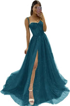 Glitter Tulle Prom Dresses Long 2025 Spaghetti Straps Sweetheart 3D Flowers Evening Party Gowns with Slit - Bmbride