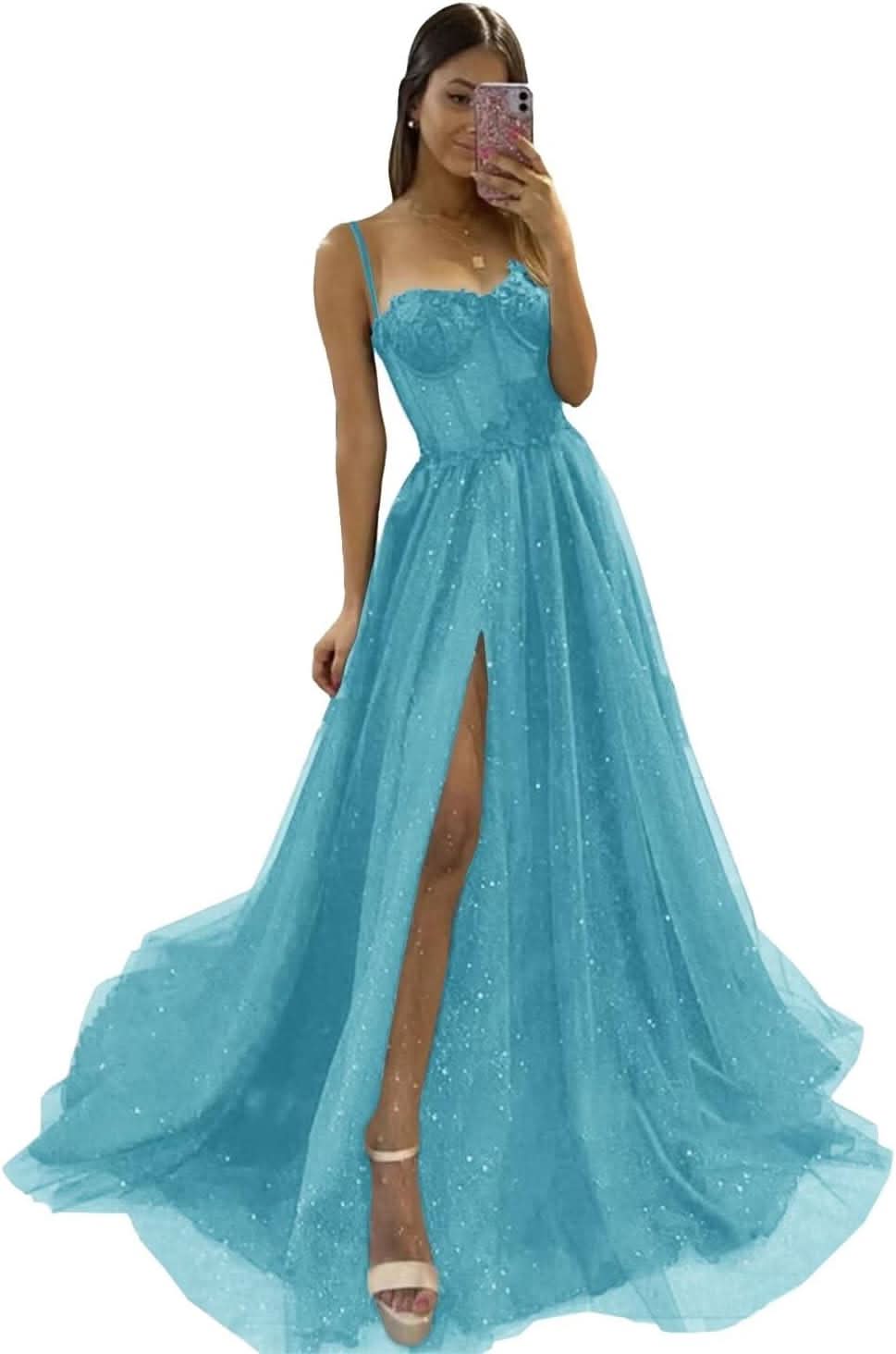 Glitter Tulle Prom Dresses Long 2025 Spaghetti Straps Sweetheart 3D Flowers Evening Party Gowns with Slit - Bmbride