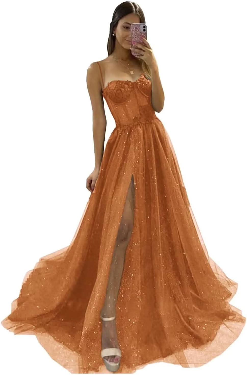 Glitter Tulle Prom Dresses Long 2025 Spaghetti Straps Sweetheart 3D Flowers Evening Party Gowns with Slit - Bmbride