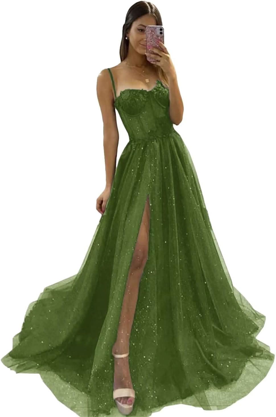 Glitter Tulle Prom Dresses Long 2025 Spaghetti Straps Sweetheart 3D Flowers Evening Party Gowns with Slit - Bmbride