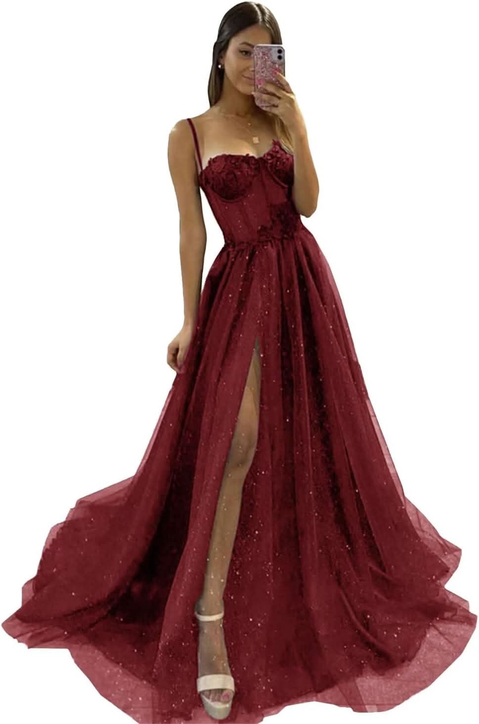 Glitter Tulle Prom Dresses Long 2025 Spaghetti Straps Sweetheart 3D Flowers Evening Party Gowns with Slit - Bmbride