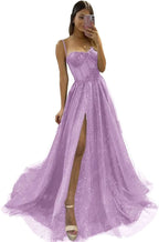 Glitter Tulle Prom Dresses Long 2025 Spaghetti Straps Sweetheart 3D Flowers Evening Party Gowns with Slit - Bmbride