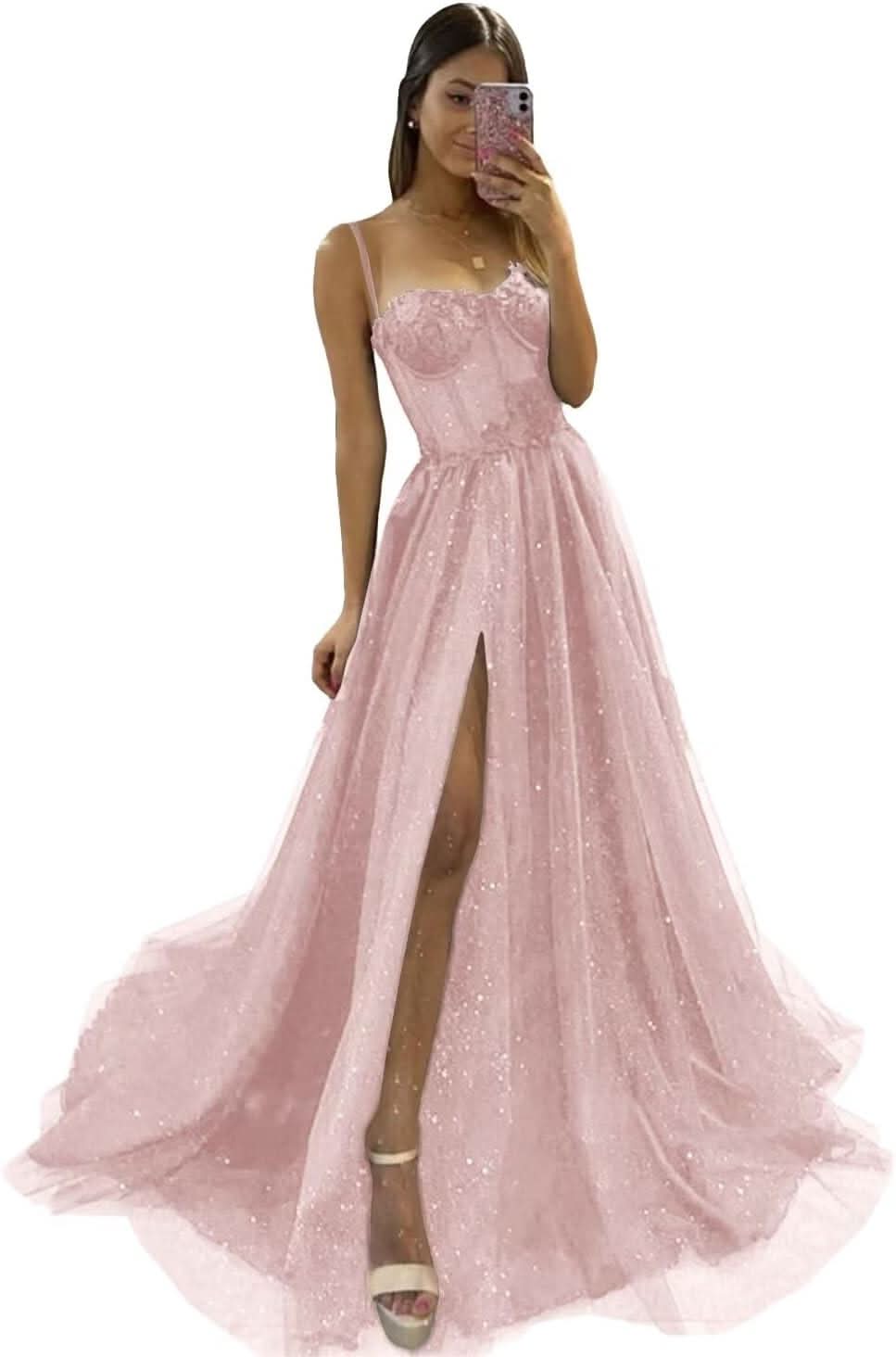 Glitter Tulle Prom Dresses Long 2025 Spaghetti Straps Sweetheart 3D Flowers Evening Party Gowns with Slit - Bmbride