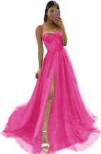 Glitter Tulle Prom Dresses Long 2025 Spaghetti Straps Sweetheart 3D Flowers Evening Party Gowns with Slit - Bmbride