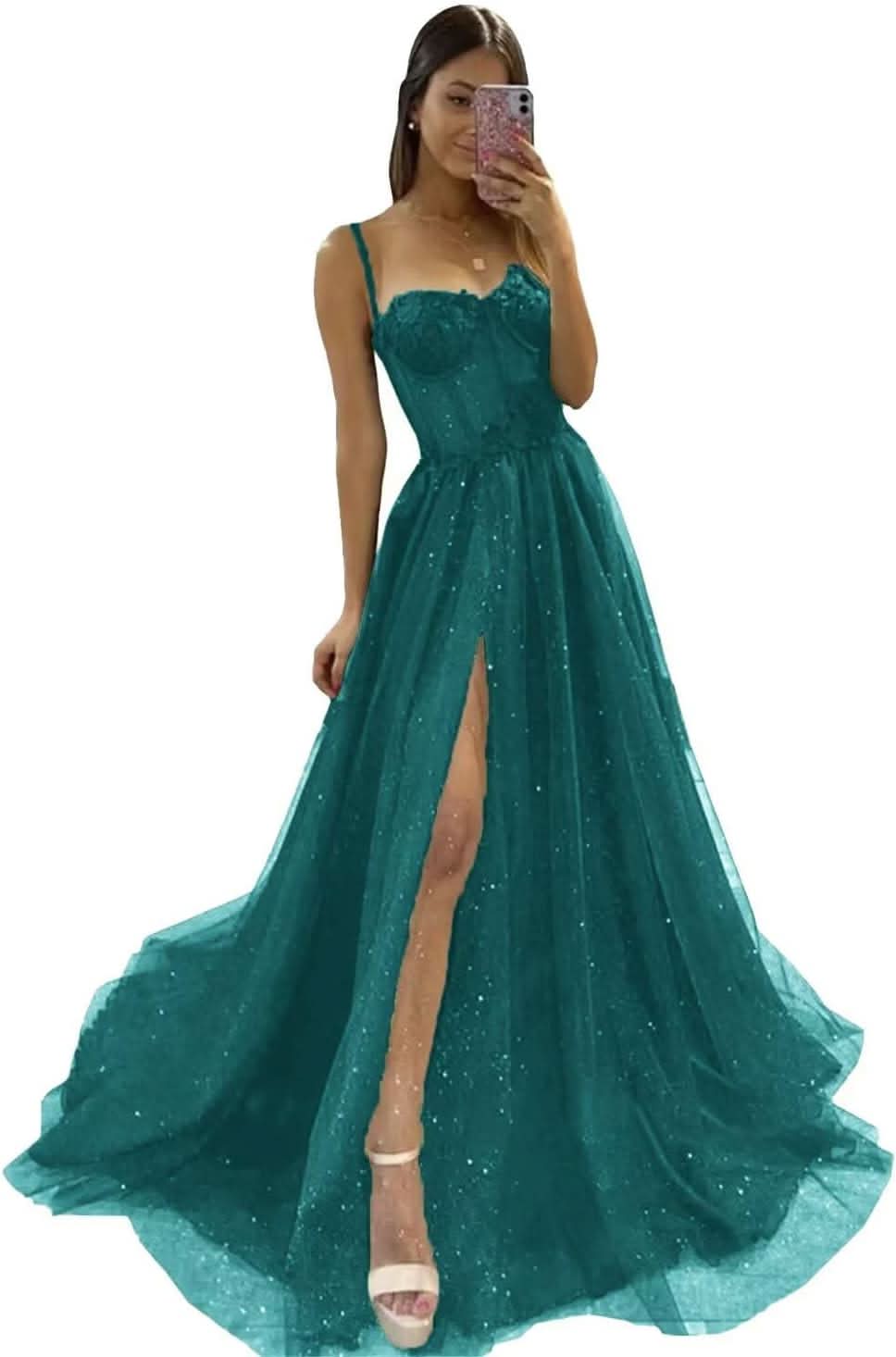 Glitter Tulle Prom Dresses Long 2025 Spaghetti Straps Sweetheart 3D Flowers Evening Party Gowns with Slit - Bmbride