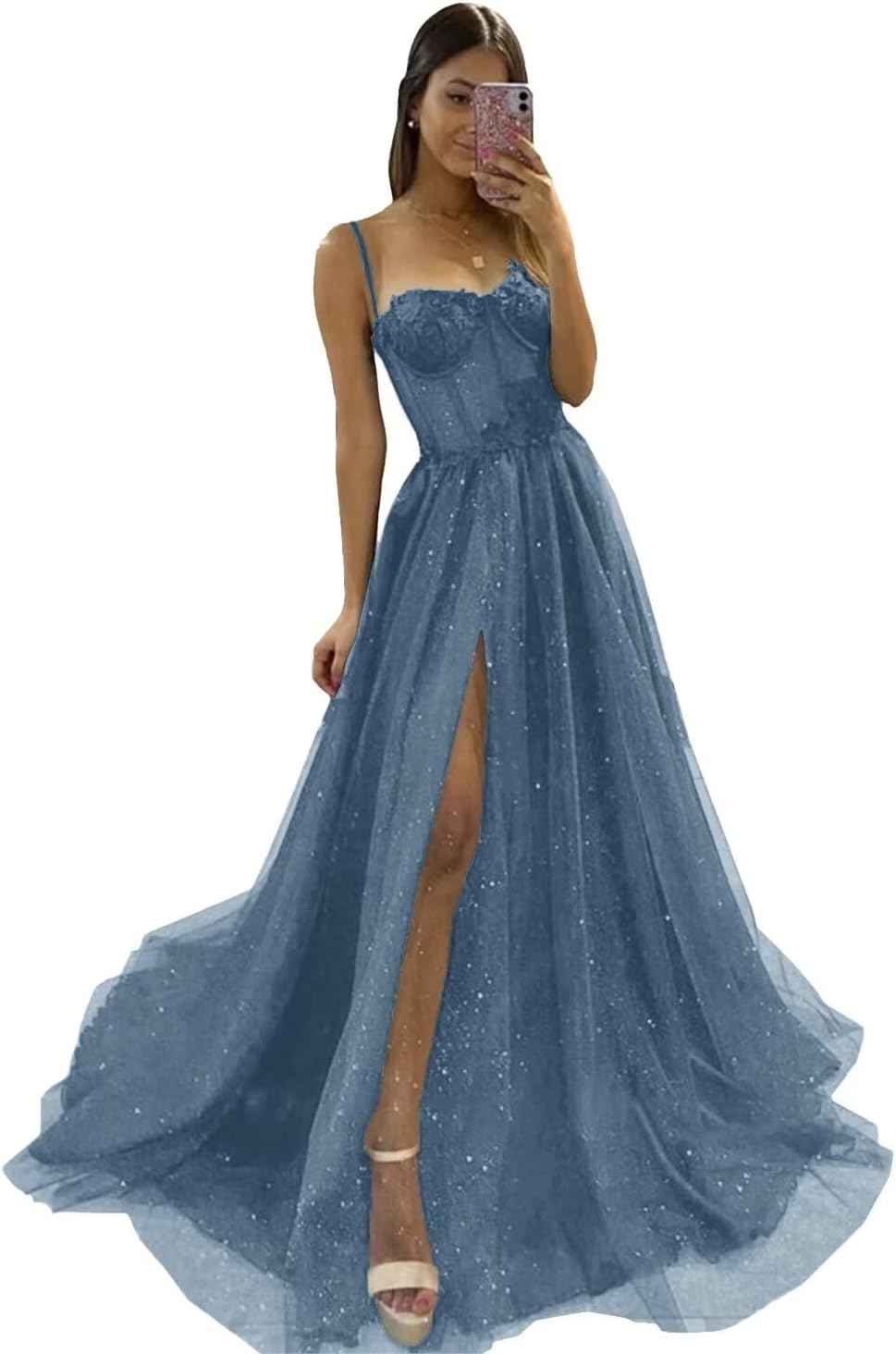 Glitter Tulle Prom Dresses Long 2025 Spaghetti Straps Sweetheart 3D Flowers Evening Party Gowns with Slit - Bmbride