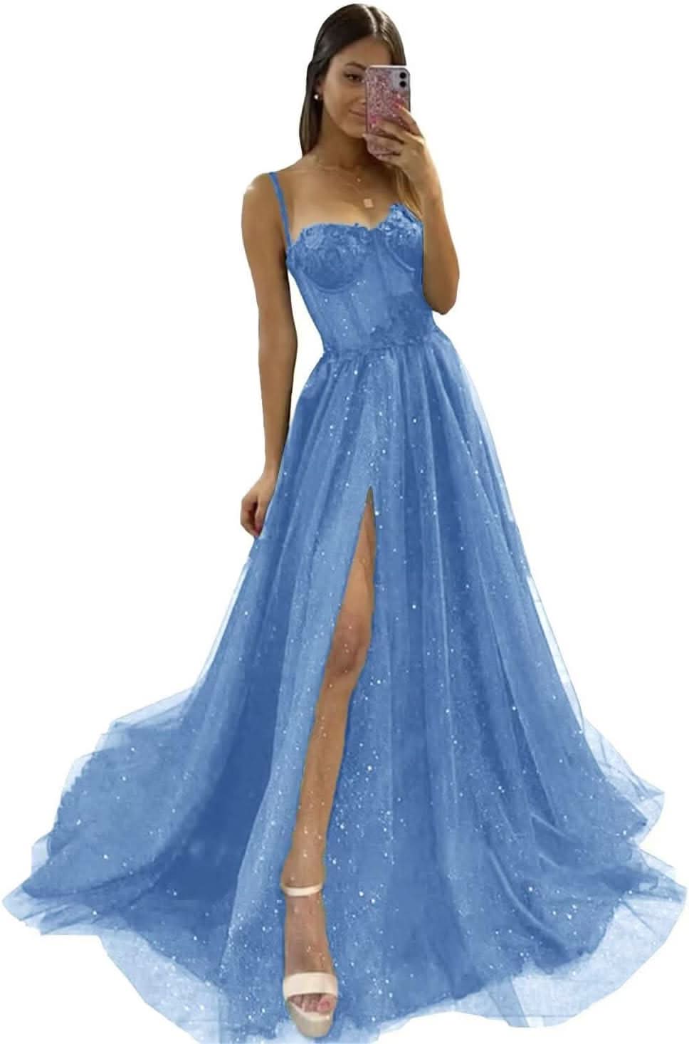 Glitter Tulle Prom Dresses Long 2025 Spaghetti Straps Sweetheart 3D Flowers Evening Party Gowns with Slit - Bmbride