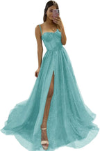 Glitter Tulle Prom Dresses Long 2025 Spaghetti Straps Sweetheart 3D Flowers Evening Party Gowns with Slit - Bmbride