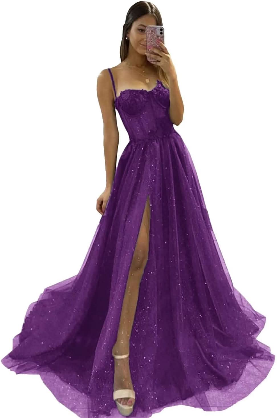 Glitter Tulle Prom Dresses Long 2025 Spaghetti Straps Sweetheart 3D Flowers Evening Party Gowns with Slit - Bmbride