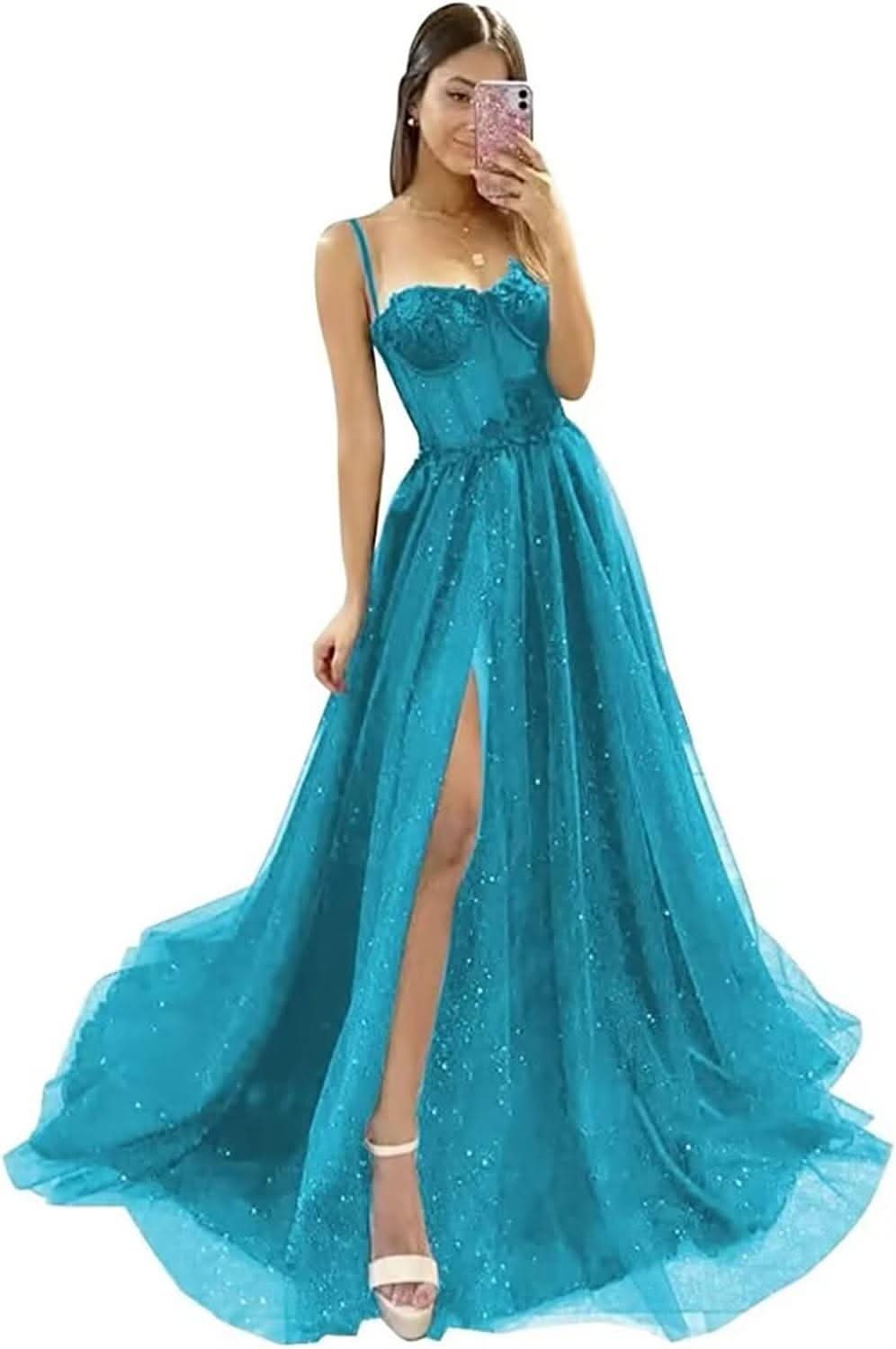 Glitter Tulle Prom Dresses Long 2025 Spaghetti Straps Sweetheart 3D Flowers Evening Party Gowns with Slit - Bmbride
