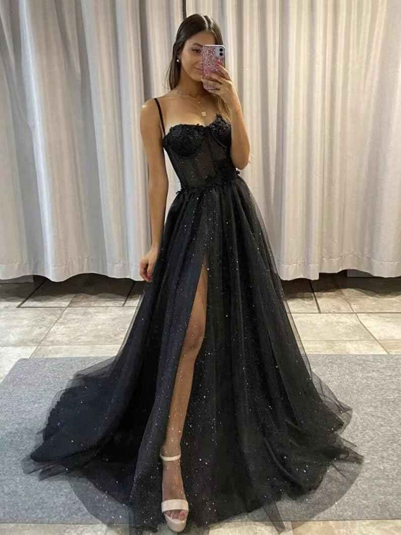 Glitter Tulle Prom Dresses Long 2025 Spaghetti Straps Sweetheart 3D Flowers Evening Party Gowns with Slit - Bmbride