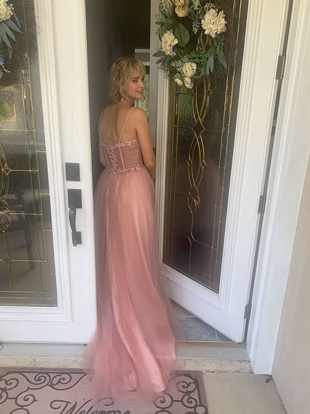 Glitter Tulle Prom Dresses Long 2025 Spaghetti Straps Sweetheart 3D Flowers Evening Party Gowns with Slit - Bmbride