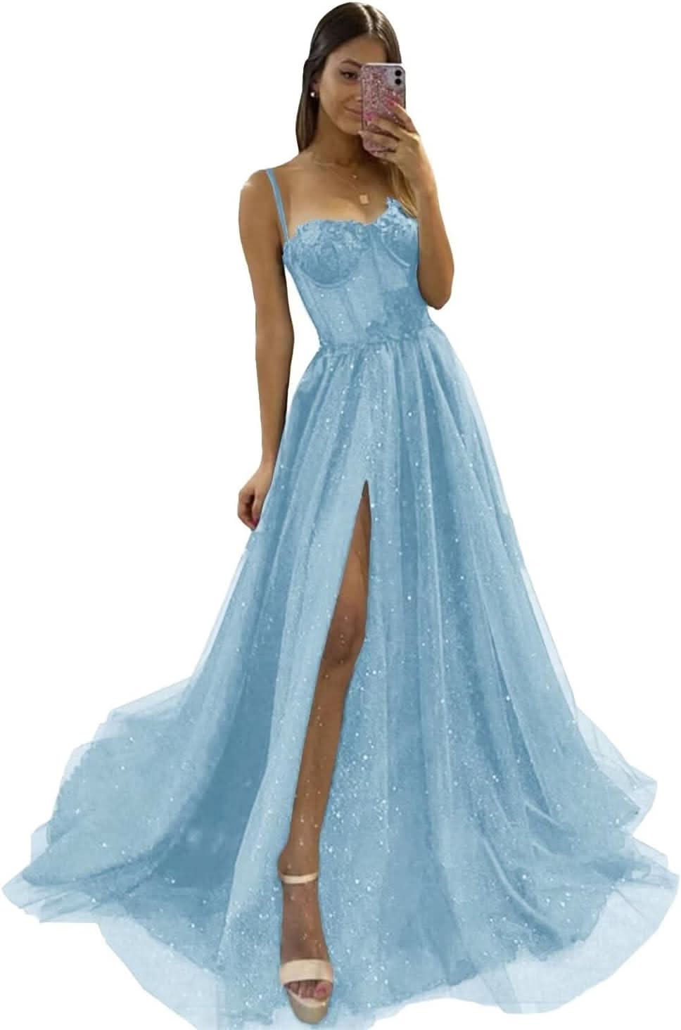 Glitter Tulle Prom Dresses Long 2025 Spaghetti Straps Sweetheart 3D Flowers Evening Party Gowns with Slit - Bmbride
