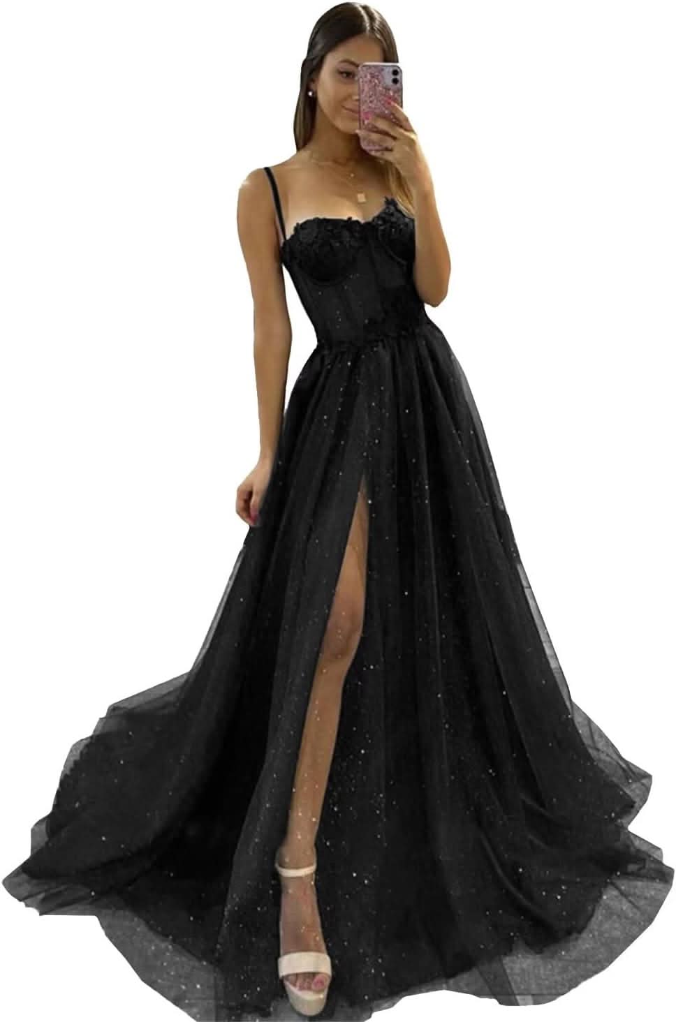 Glitter Tulle Prom Dresses Long 2025 Spaghetti Straps Sweetheart 3D Flowers Evening Party Gowns with Slit - Bmbride