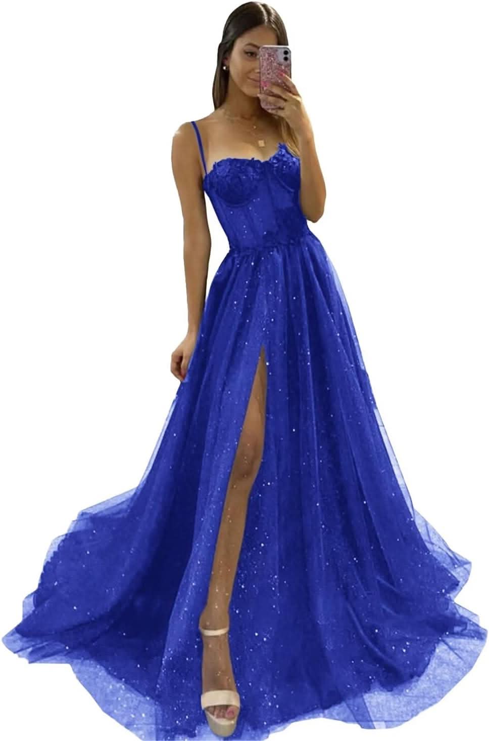 Glitter Tulle Prom Dresses Long 2025 Spaghetti Straps Sweetheart 3D Flowers Evening Party Gowns with Slit - Bmbride