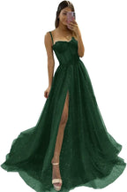 Glitter Tulle Prom Dresses Long 2025 Spaghetti Straps Sweetheart 3D Flowers Evening Party Gowns with Slit - Bmbride