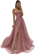 Glitter Tulle Prom Dresses Long 2025 Spaghetti Straps Sweetheart 3D Flowers Evening Party Gowns with Slit - Bmbride
