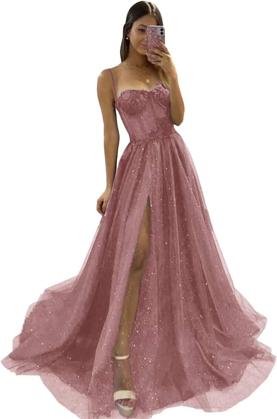 Glitter Tulle Prom Dresses Long 2025 Spaghetti Straps Sweetheart 3D Flowers Evening Party Gowns with Slit - Bmbride