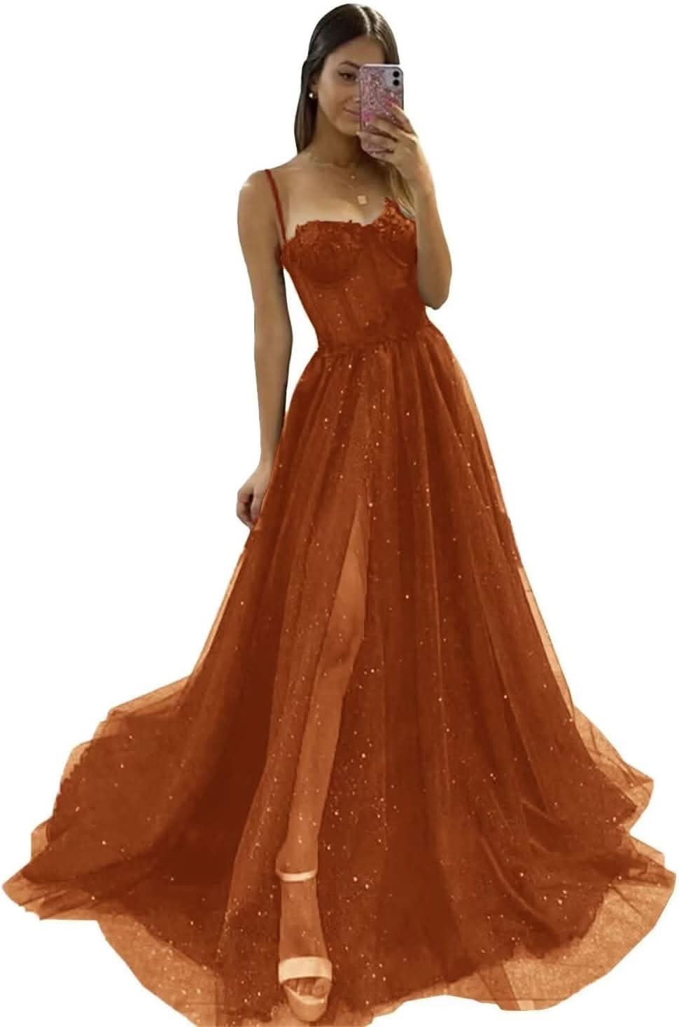 Glitter Tulle Prom Dresses Long 2025 Spaghetti Straps Sweetheart 3D Flowers Evening Party Gowns with Slit - Bmbride