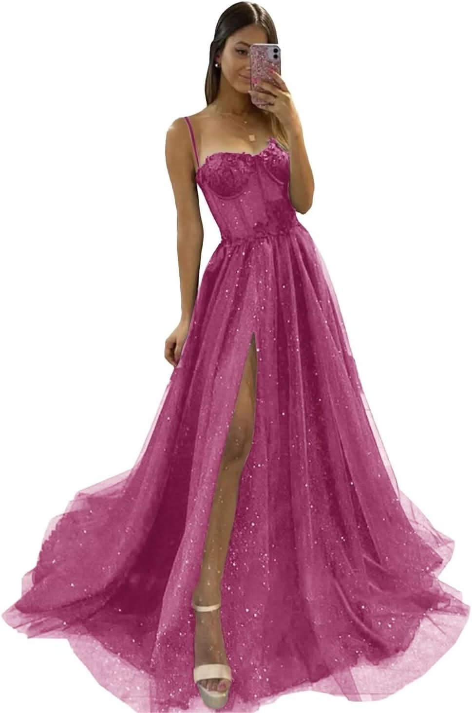 Glitter Tulle Prom Dresses Long 2025 Spaghetti Straps Sweetheart 3D Flowers Evening Party Gowns with Slit - Bmbride
