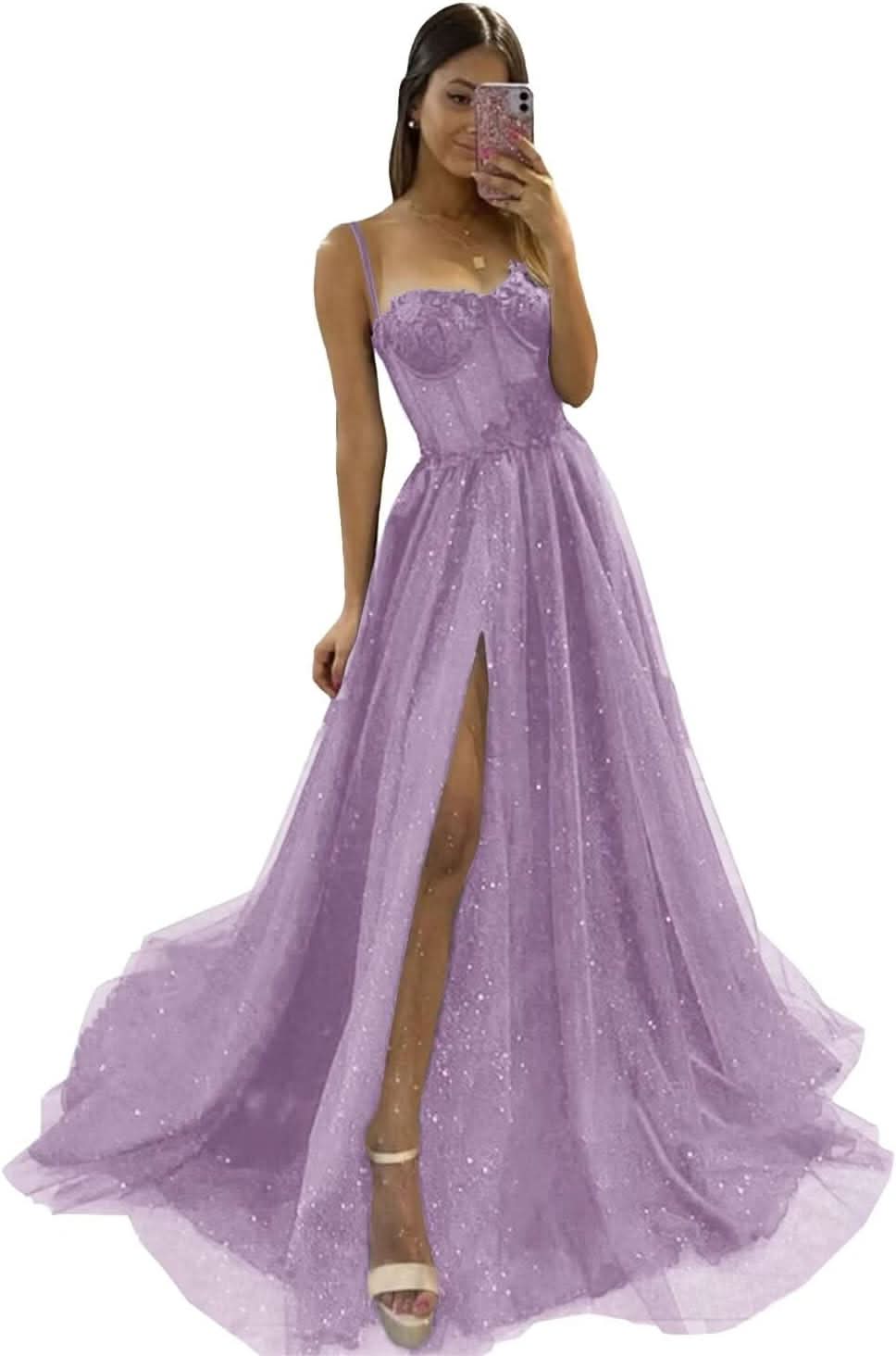 Glitter Tulle Prom Dresses Long 2025 Spaghetti Straps Sweetheart 3D Flowers Evening Party Gowns with Slit - Bmbride