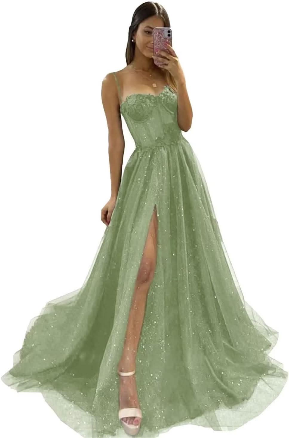 Glitter Tulle Prom Dresses Long 2025 Spaghetti Straps Sweetheart 3D Flowers Evening Party Gowns with Slit - Bmbride
