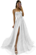 Glitter Tulle Prom Dresses Long 2025 Spaghetti Straps Sweetheart 3D Flowers Evening Party Gowns with Slit - Bmbride