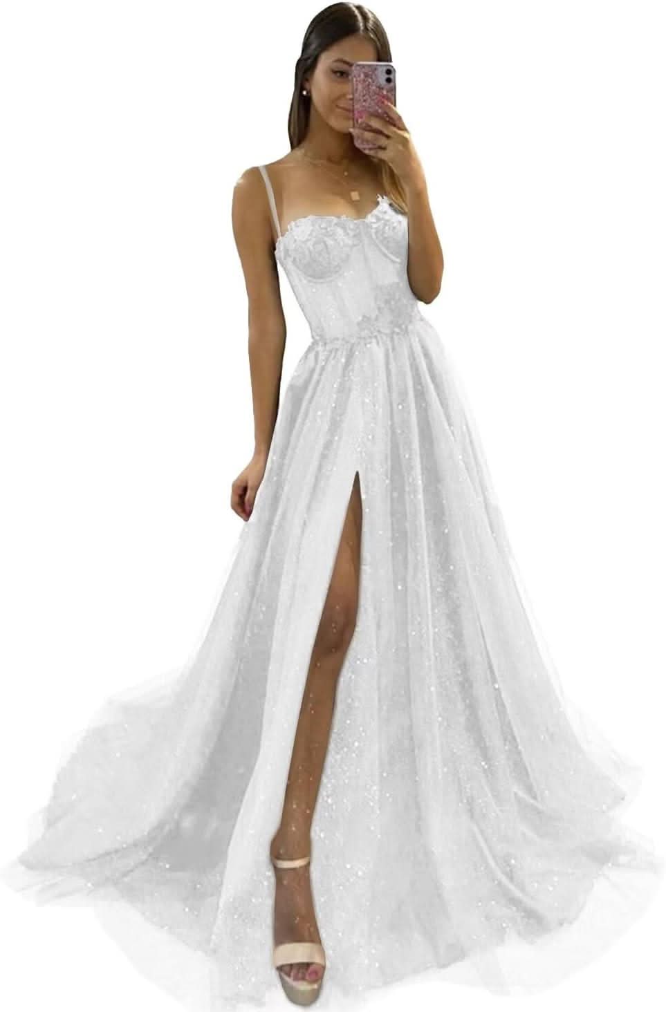 Glitter Tulle Prom Dresses Long 2025 Spaghetti Straps Sweetheart 3D Flowers Evening Party Gowns with Slit - Bmbride