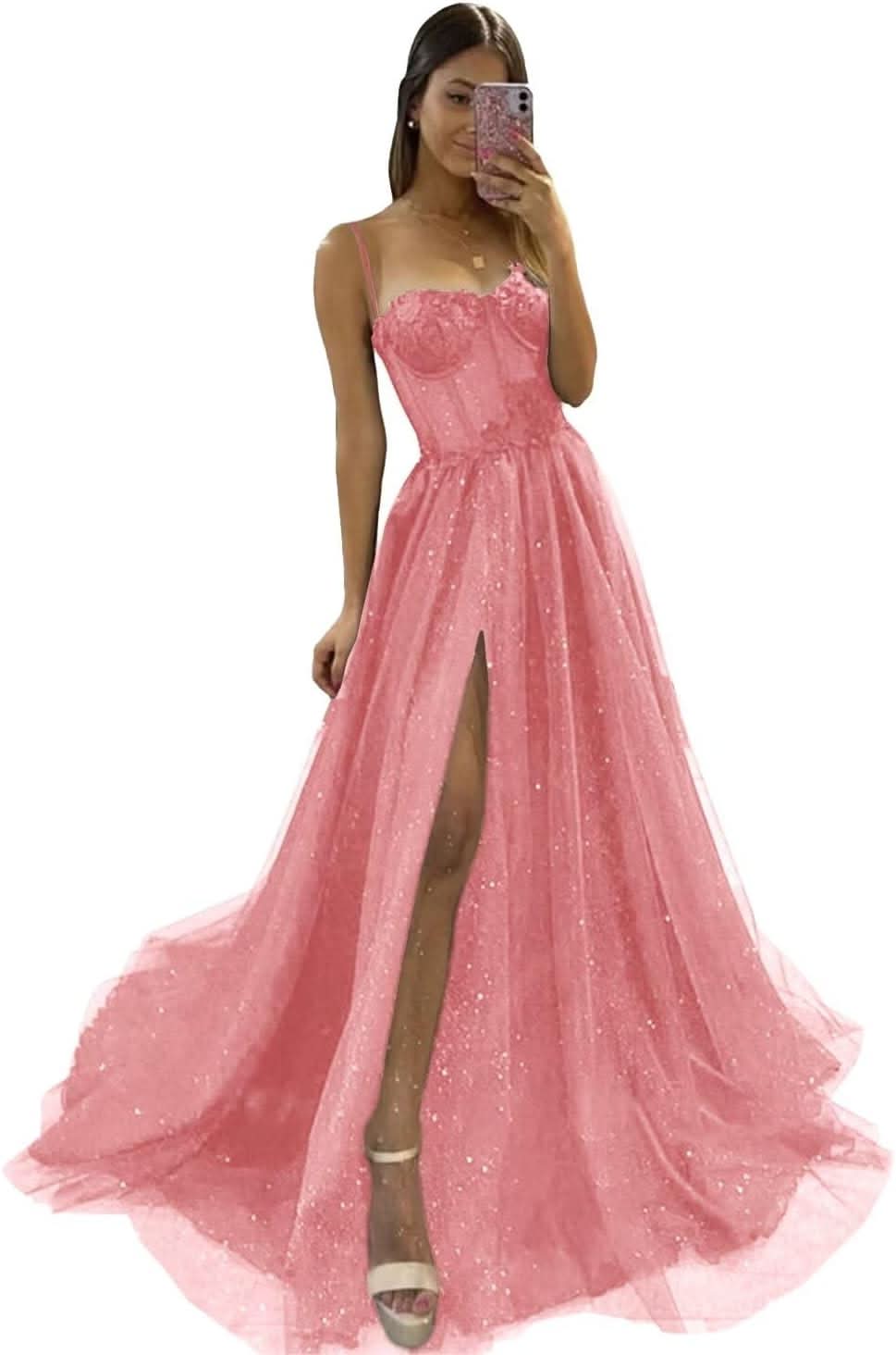 Glitter Tulle Prom Dresses Long 2025 Spaghetti Straps Sweetheart 3D Flowers Evening Party Gowns with Slit - Bmbride